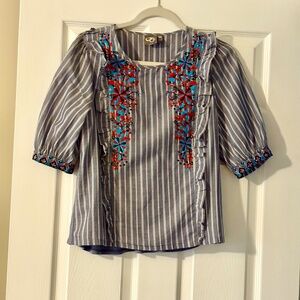 Anthropologie Striped Floral Embroidered Top
